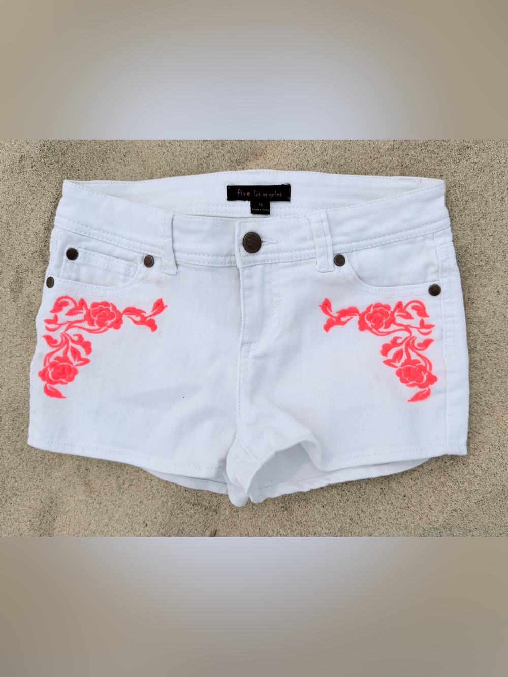 Fire Los Angeles Girl’s White Denim Shorts with Neon Coral Floral Embroidery
